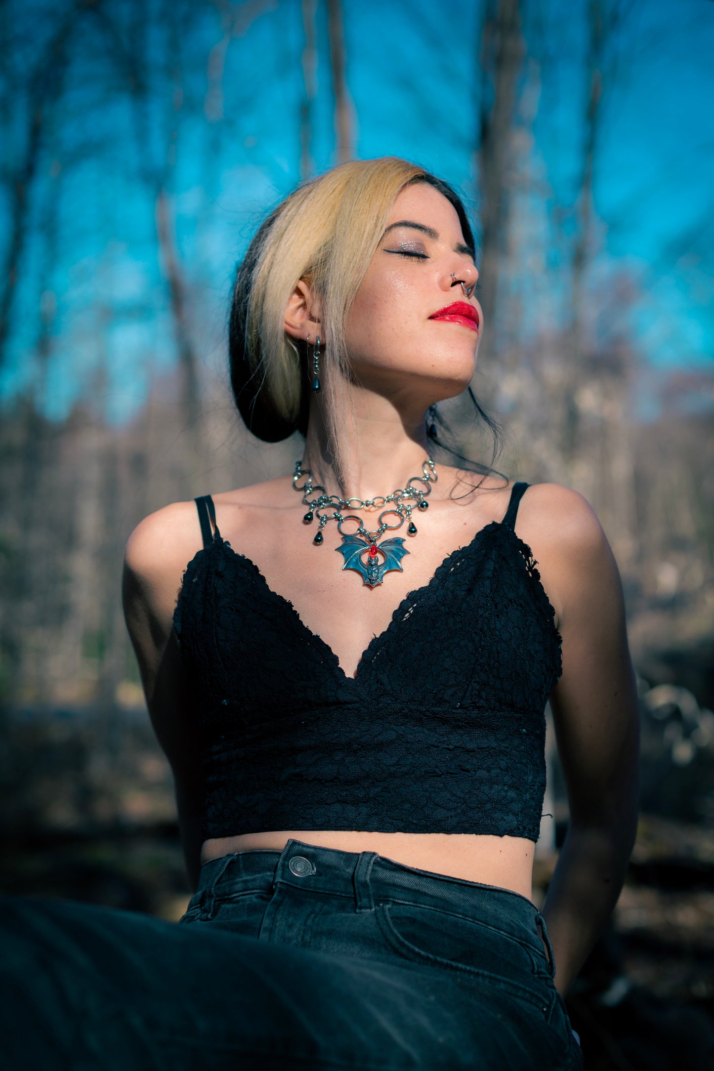 DRUSILLA | Stainless steel Chainmail necklace with bat and red bead