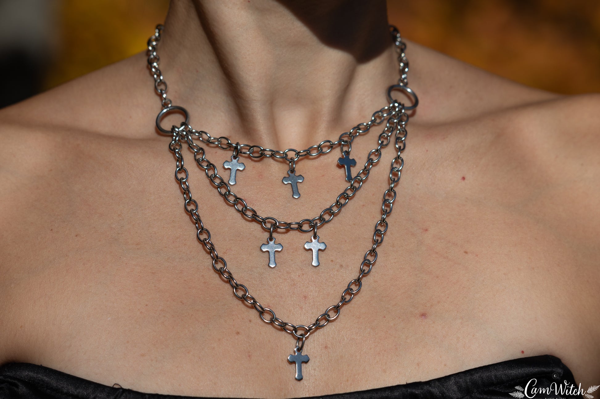 MORTICIA | Chainmail stainless steel necklace with cross charms