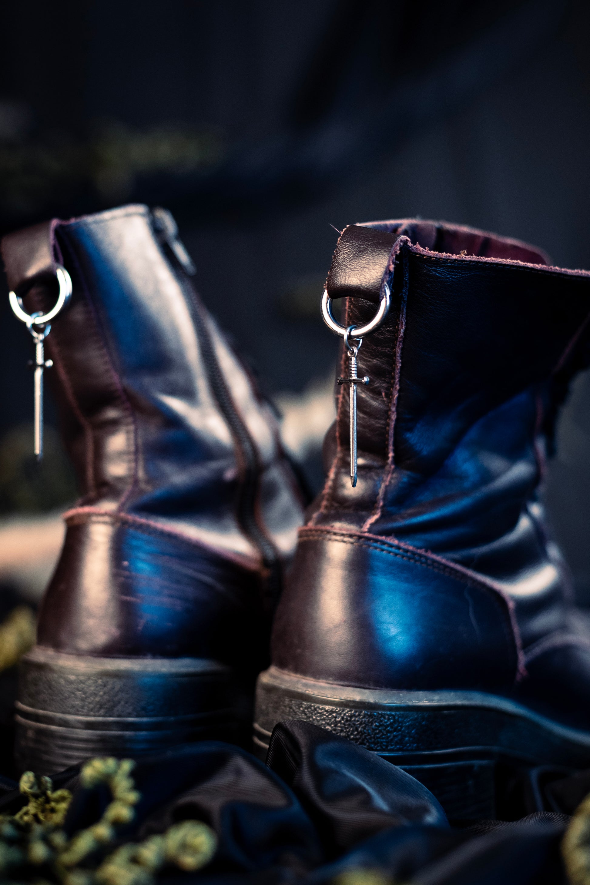 sword shoe charms with a stainless steel  hoop clasp 