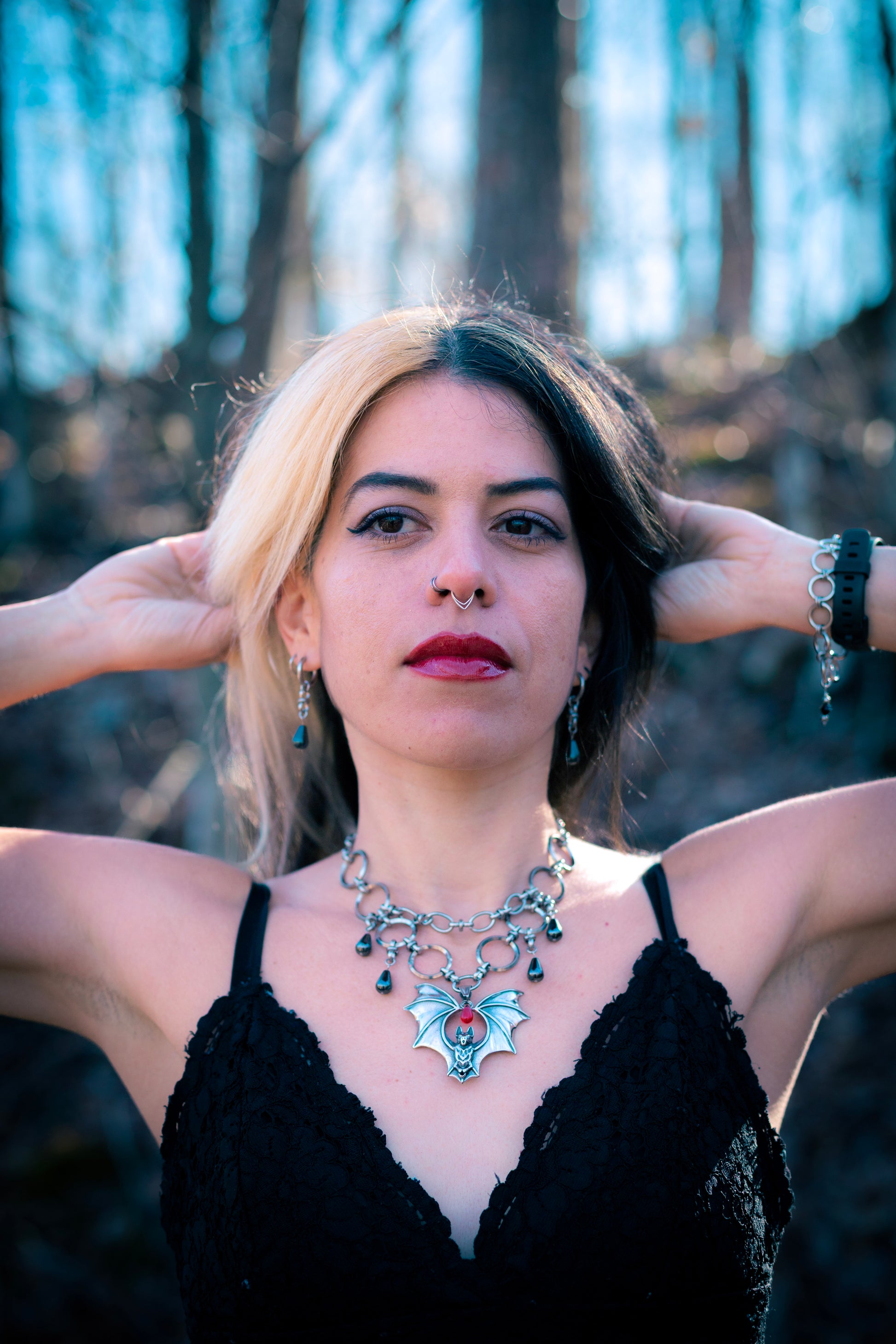 DRUSILLA | Stainless steel Chainmail necklace with bat and red bead