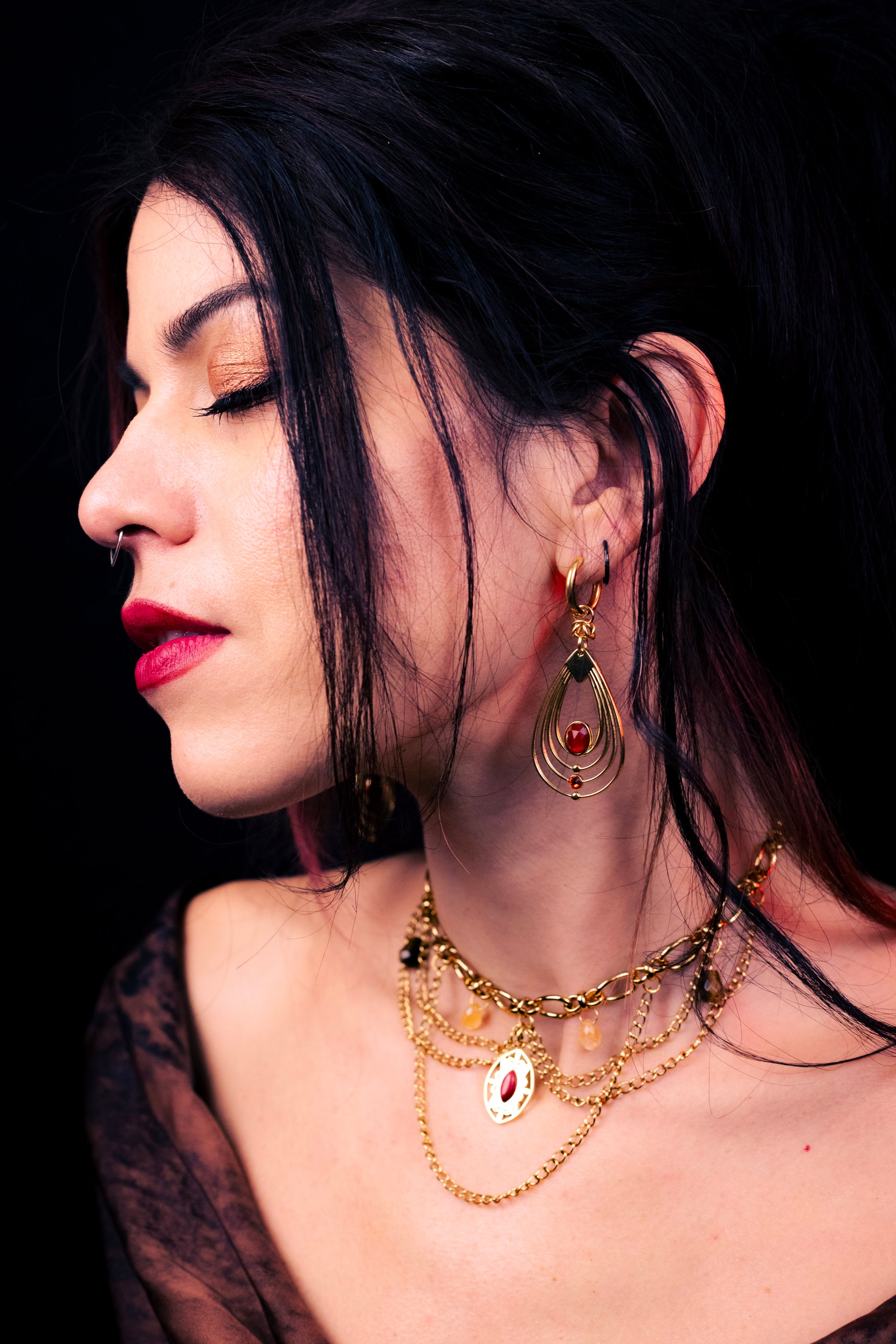 MABON | Carnelian stainless gold steel Chainmail Earrings 