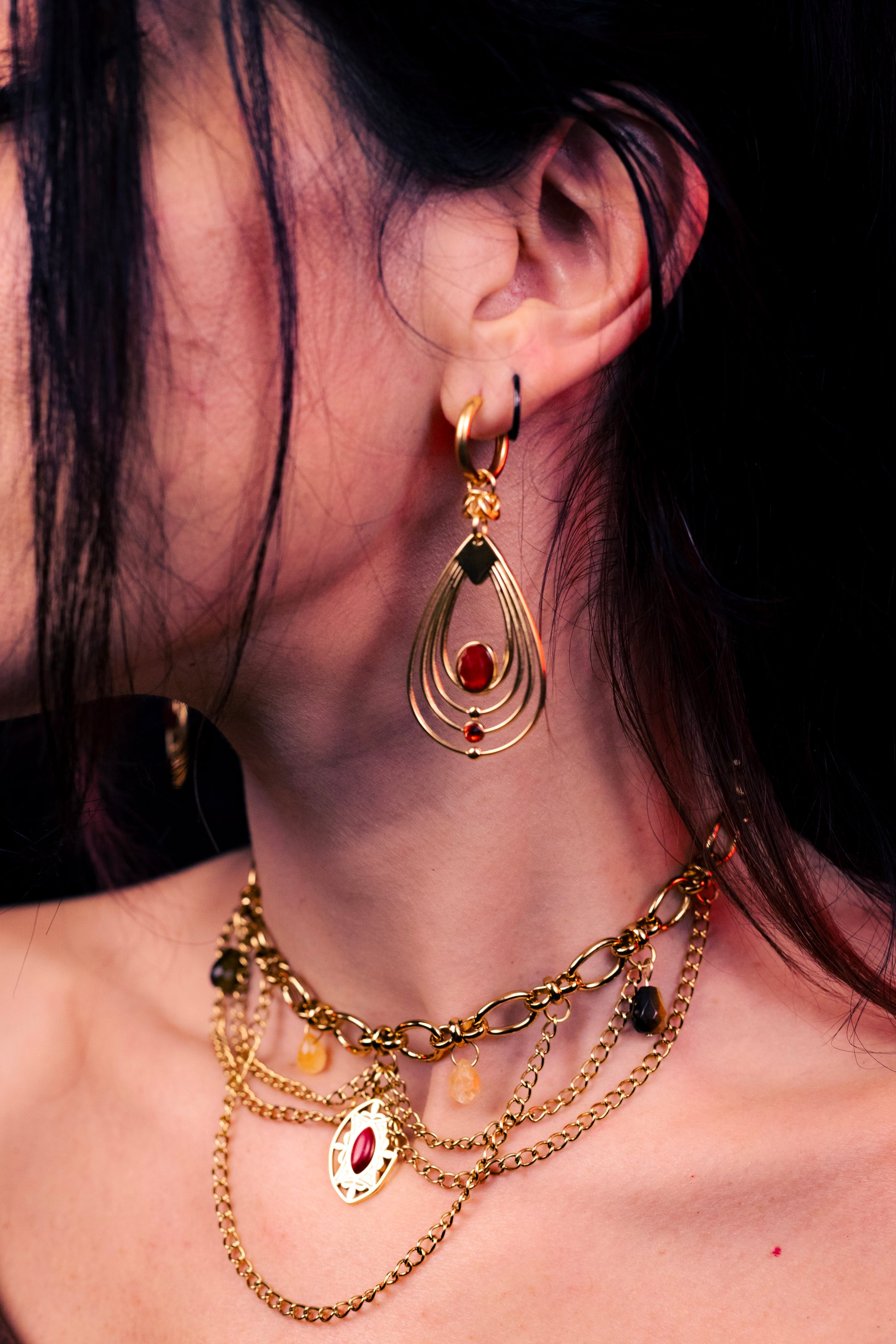 MABON | Carnelian stainless gold steel Chainmail Earrings 