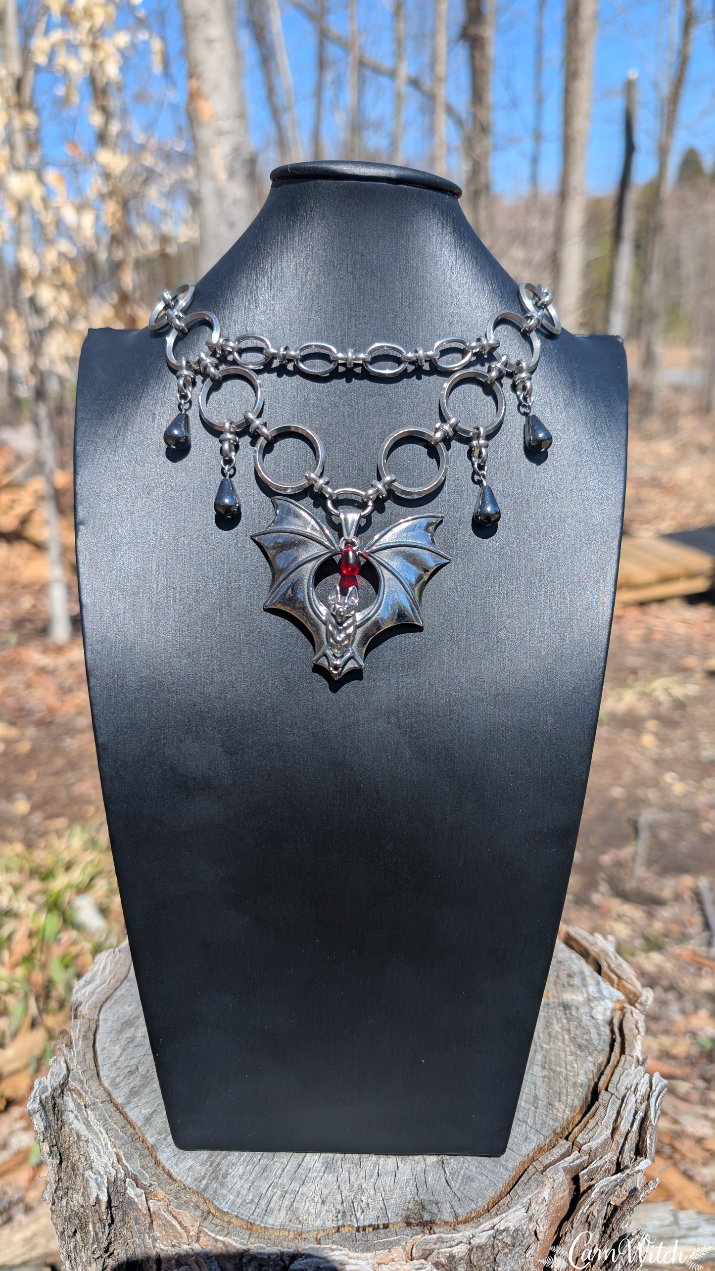 DRUSILLA | Stainless steel Chainmail necklace with bat and red bead