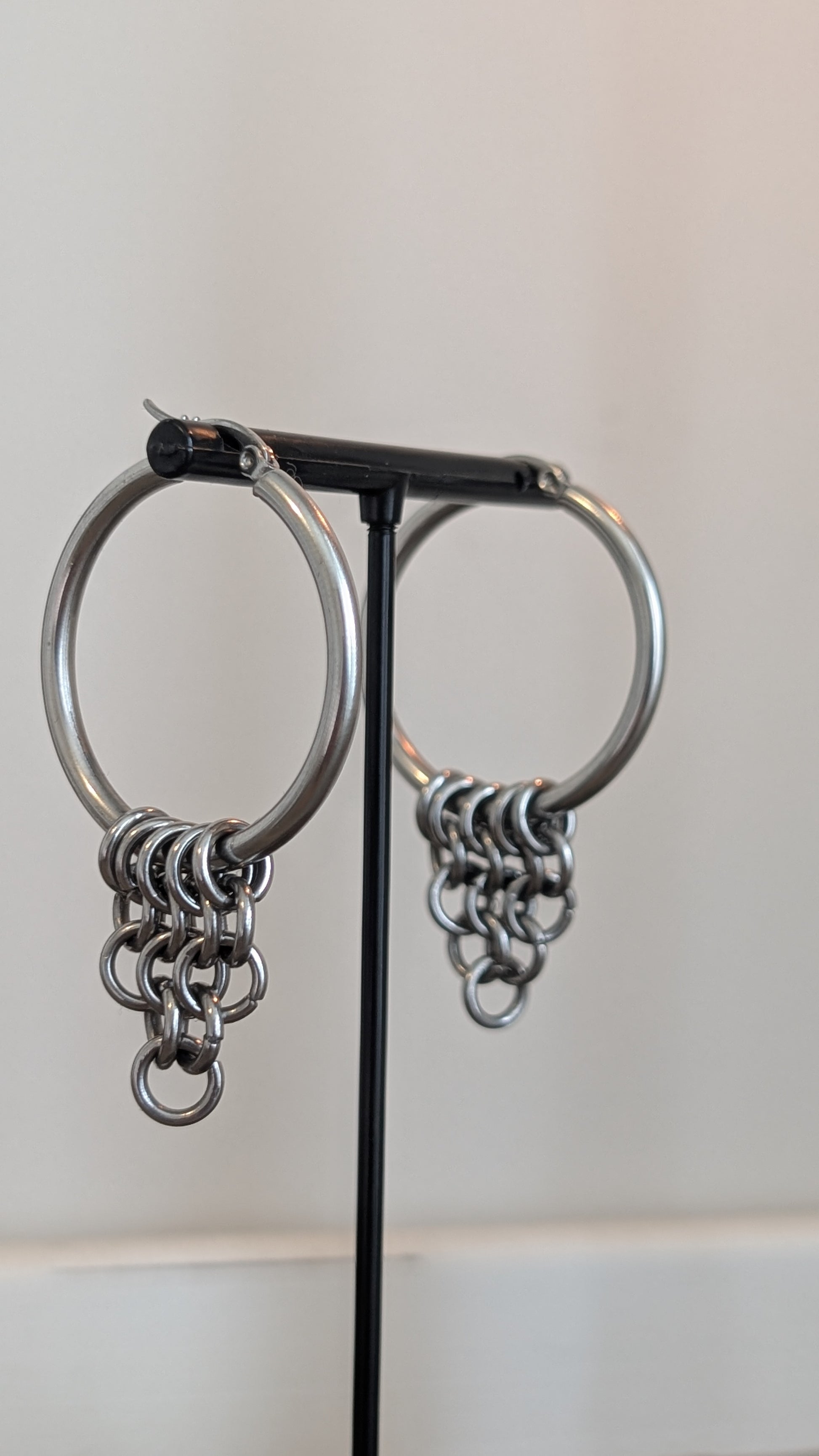 Centaur chainmail earrings Pair of stainless steel hoop earrings with chain details 