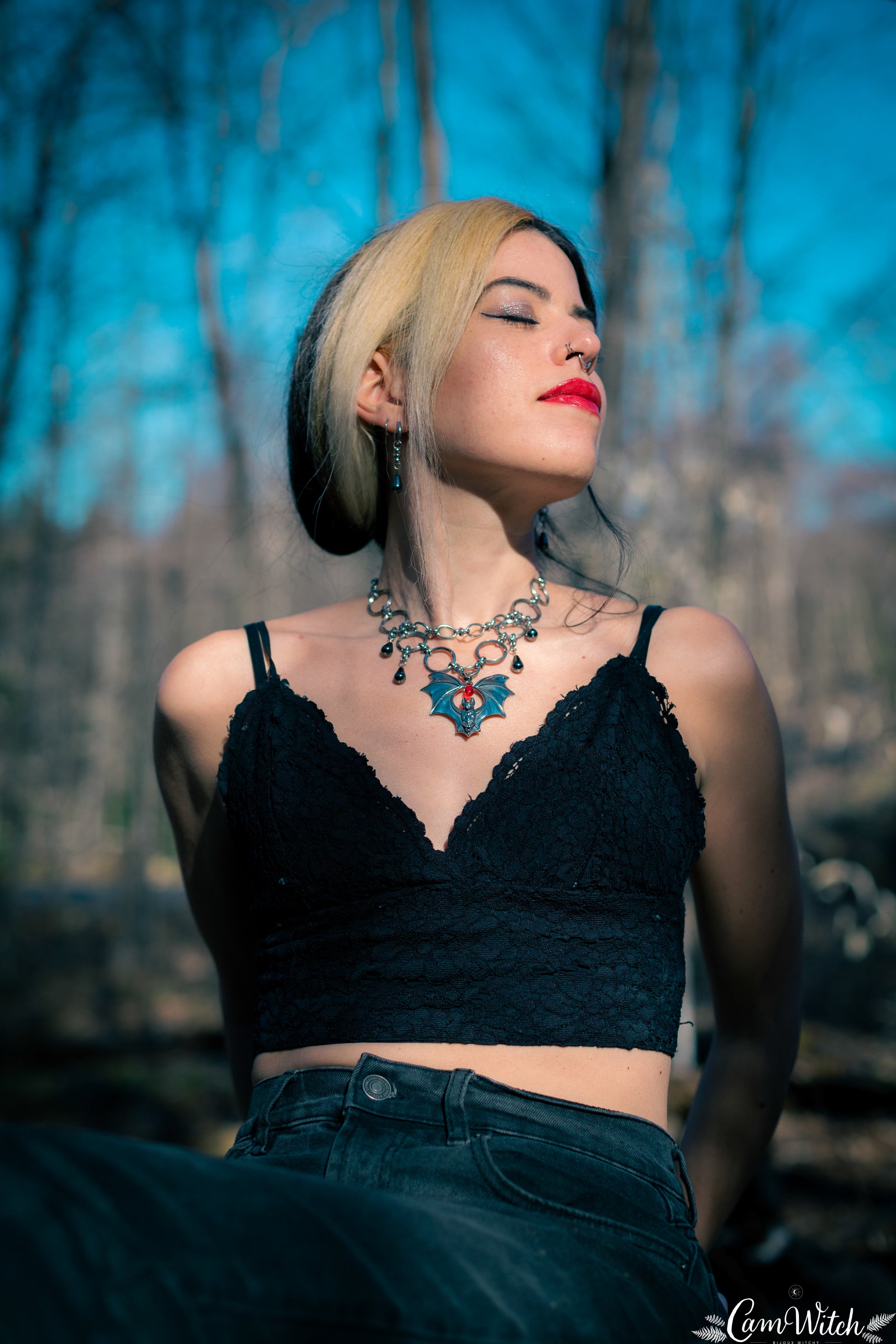 DRUSILLA | Stainless steel Chainmail necklace with bat and red bead