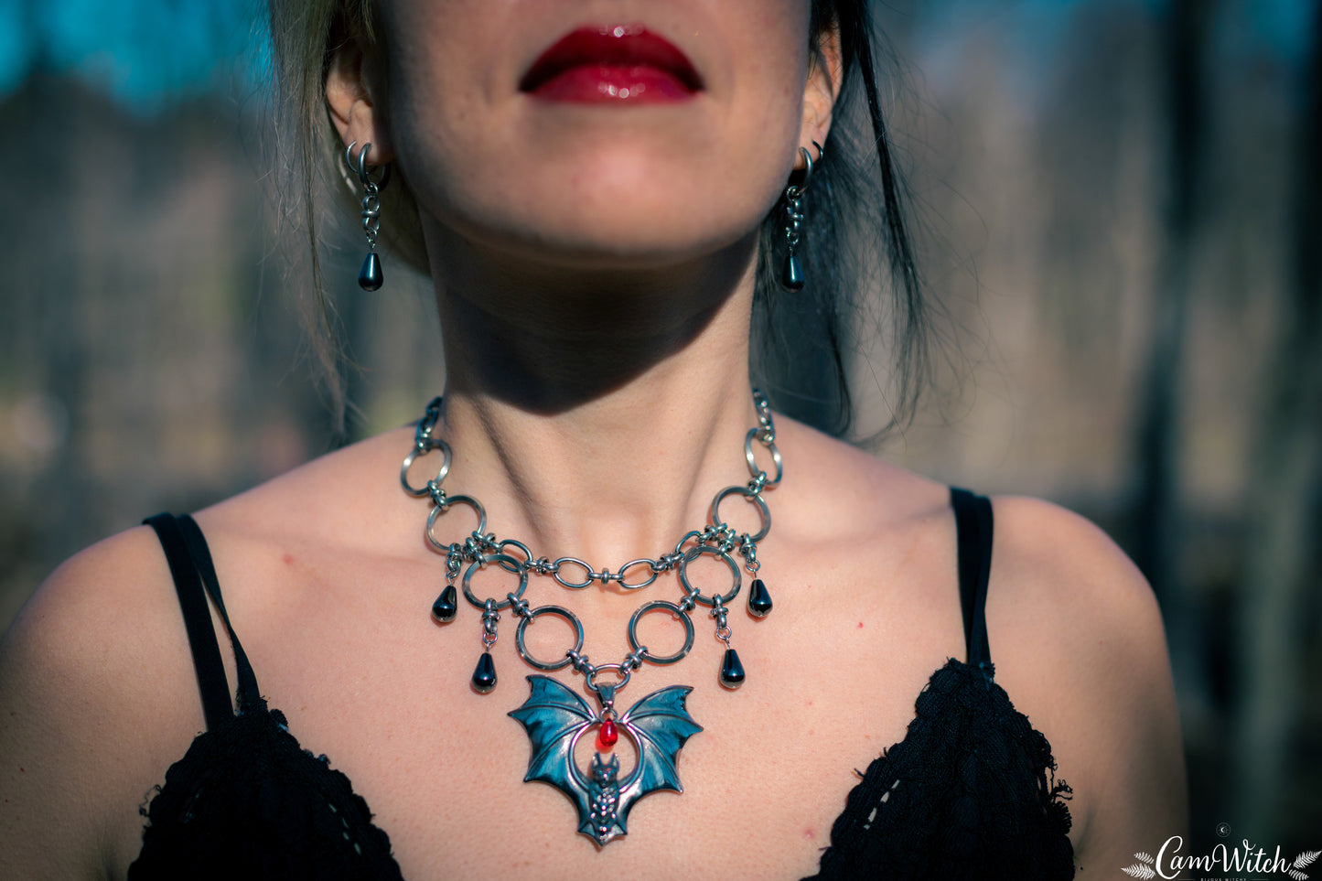 DRUSILLA | Stainless steel Chainmail necklace with bat and red bead