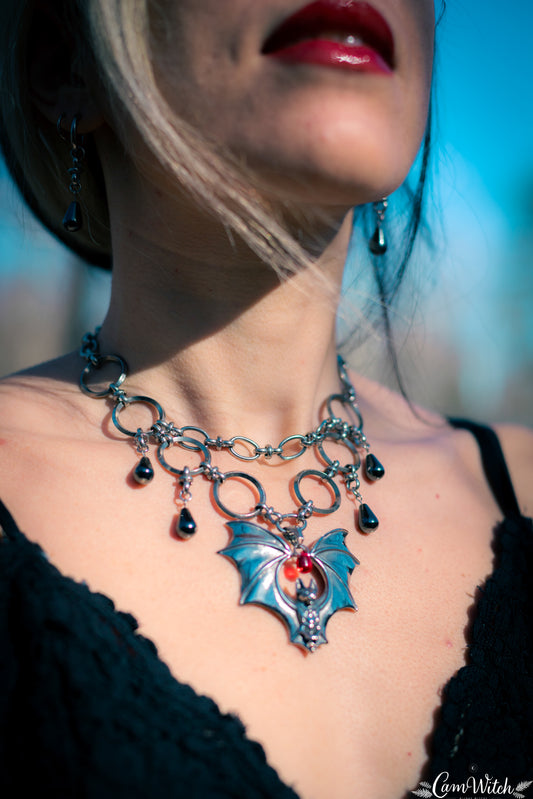 DRUSILLA | Stainless steel Chainmail necklace with bat and red bead