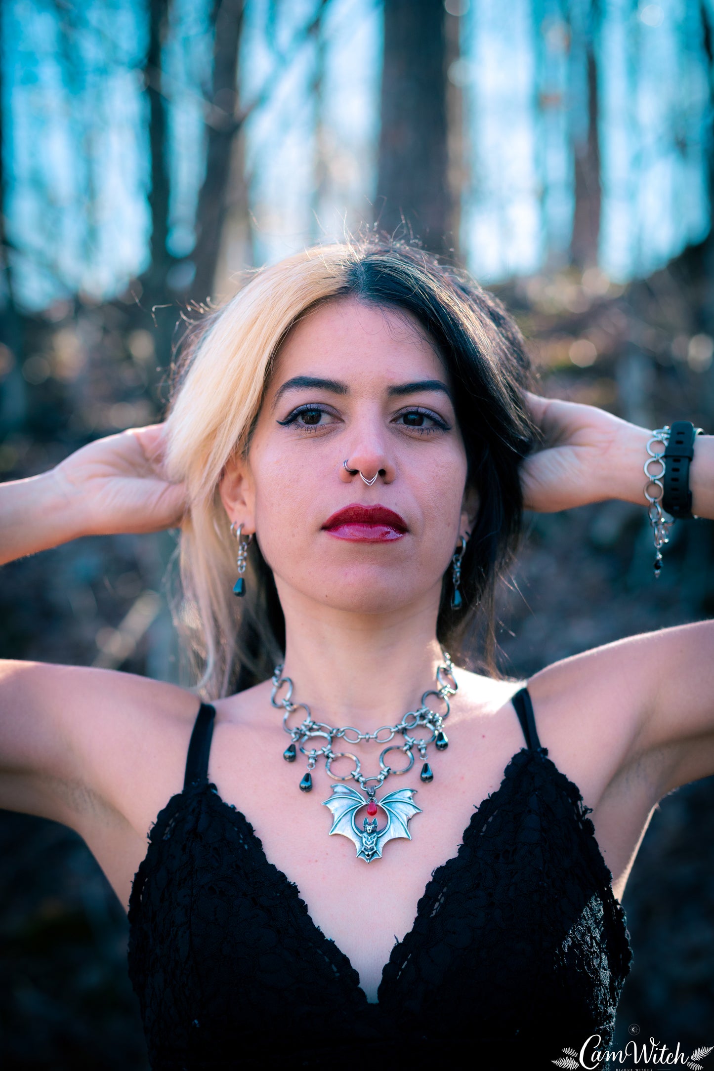 DRUSILLA | Stainless steel Chainmail necklace with bat and red bead